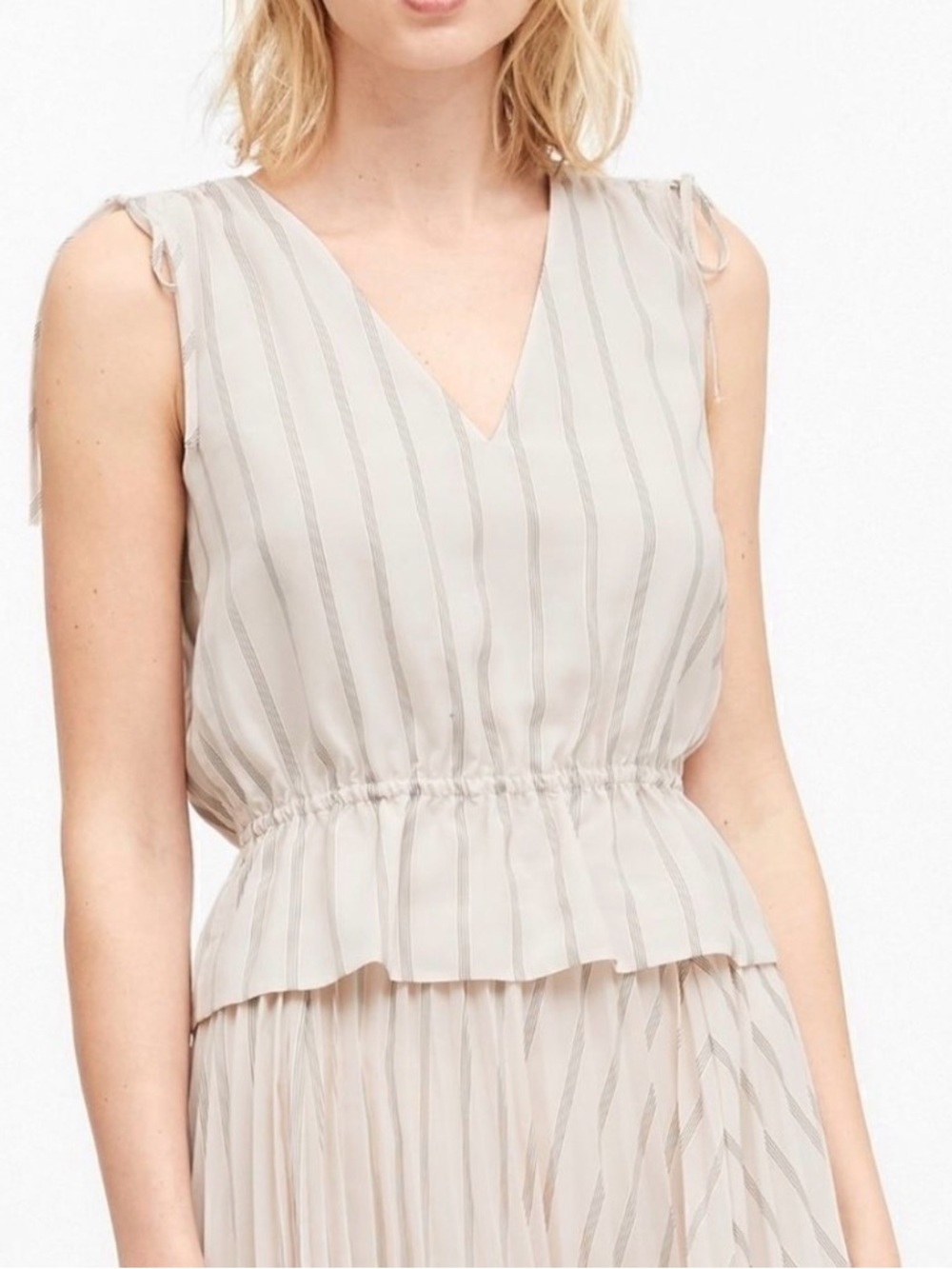Banana Republic Cream and Gray Striped V-Neck Peplum Camisole